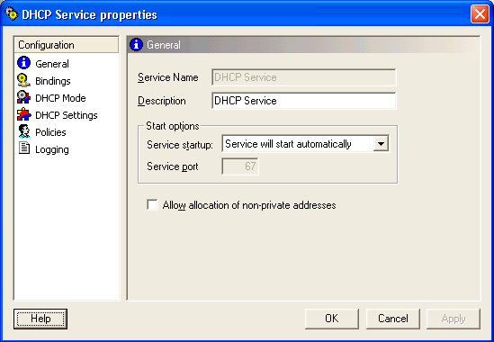 DHCP Service General screen