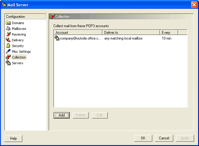 Mail Server - Collection screen