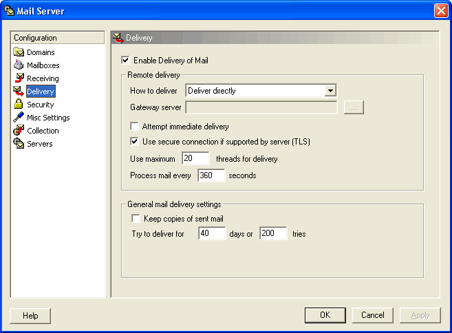 Mail Server Delivery screen