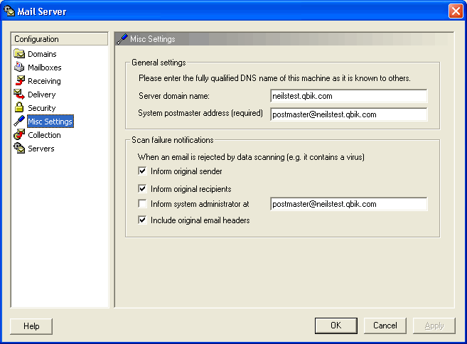 Mail Server Misc Settings screen