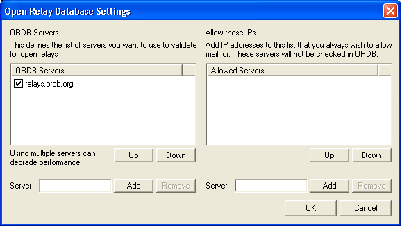 Open Relay Database settings