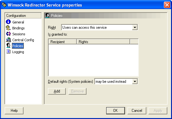 WRP service policies screen 