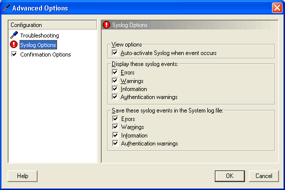 Syslog Options screen