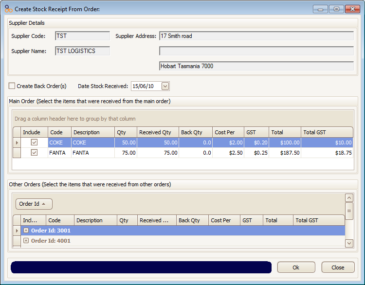 Create Stock Receipt from Order screen