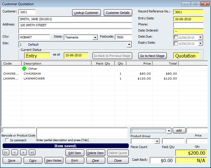 Customer Quotation Screen