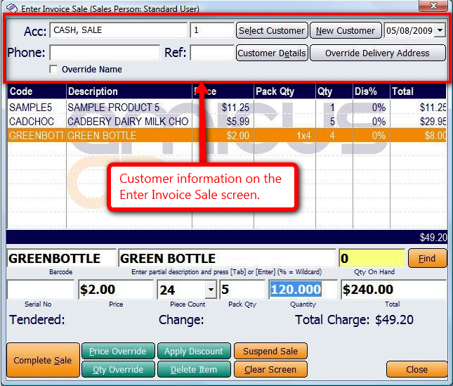 Enter Invoice Screen Customer Section