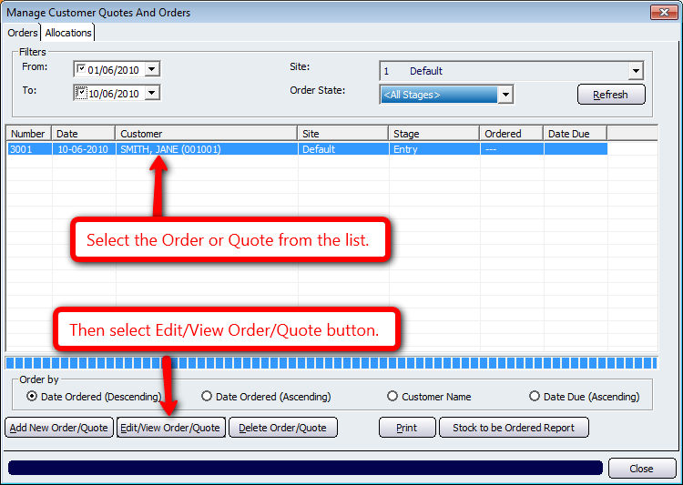 Edit/View Order or Quote Navigation