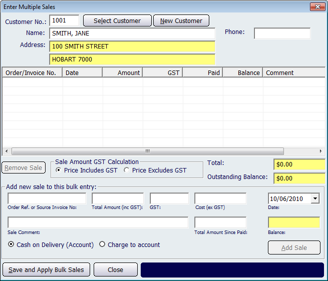 Enter Multiple Sales Screen