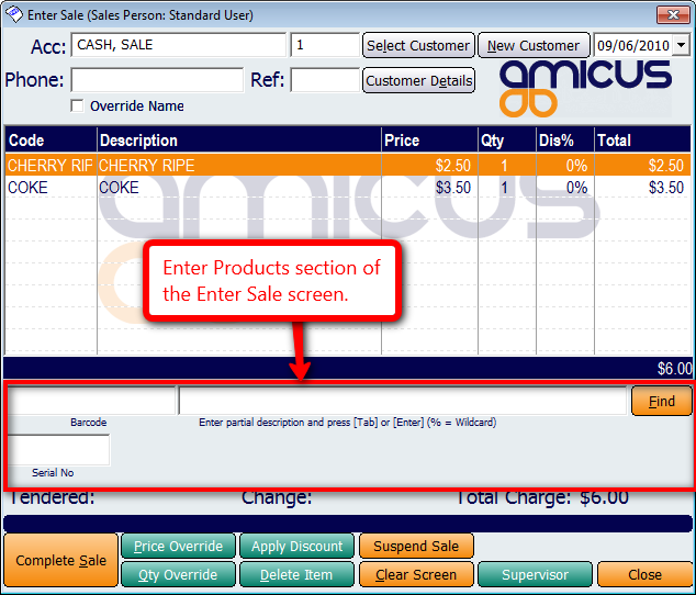 Enter Products section of Sales Screen