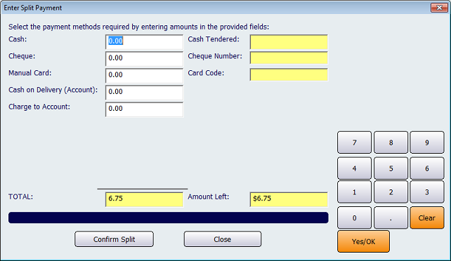 Enter Split Payment Screen