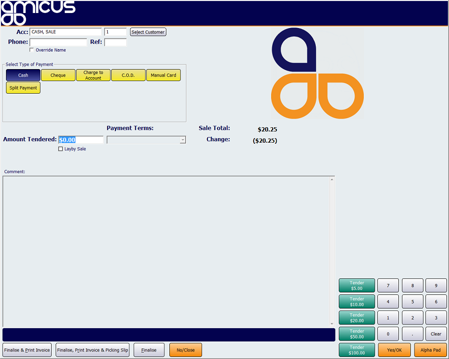 Finalise Sale Screen