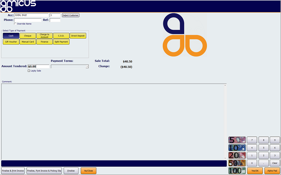 Finalise Sale touch screen