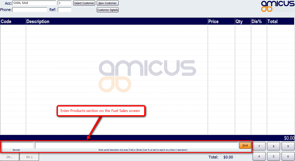 Entering Products section of the Fuel Sales Screen