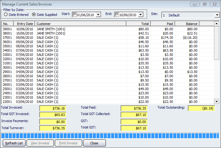 Manage Current Sales/Invoices Screen