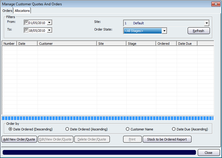 Manage Customer Quotes and Orders Screen