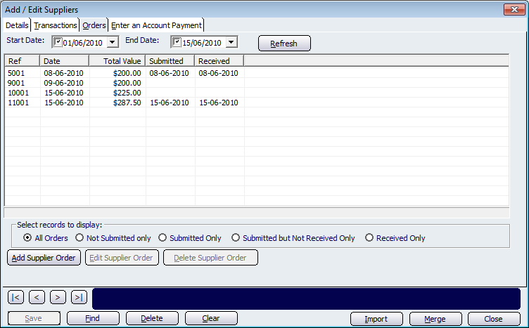 Orders Tab on the Add/Edit Suppliers screen