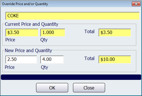 Override Price and/or Quantity Screen
