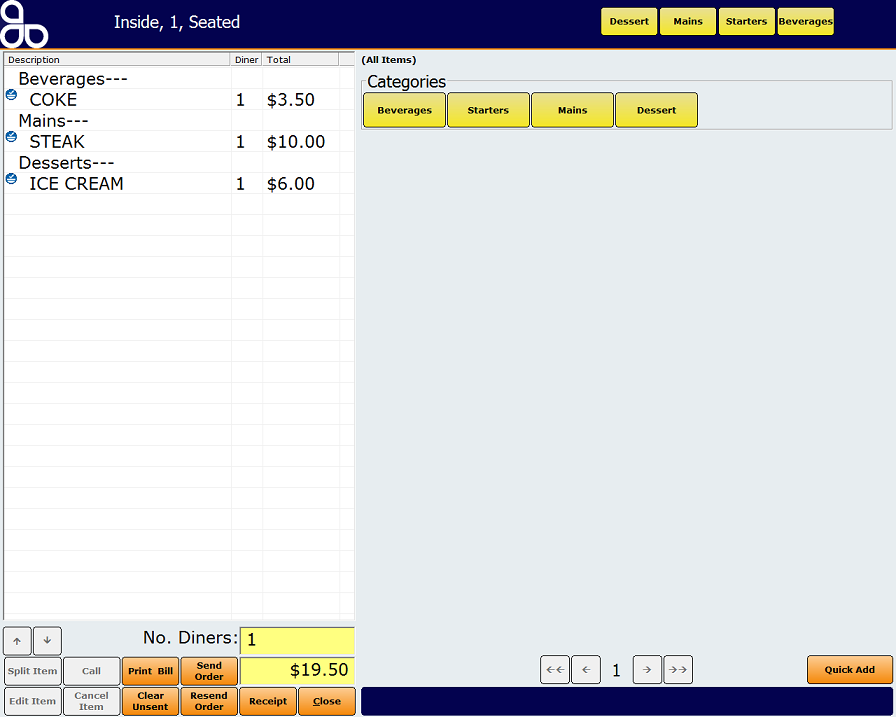 Place an Order Screen