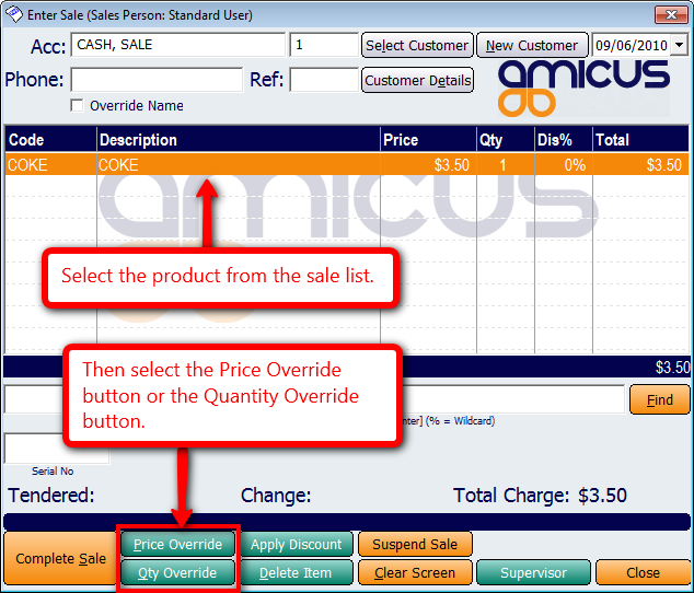 Price and Quantity Override buttons