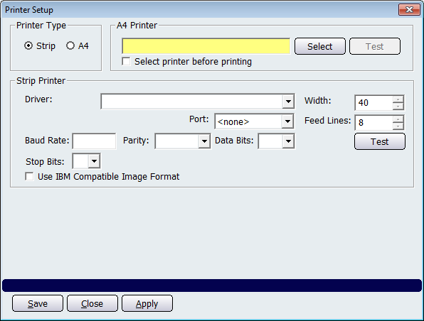 Printer Setup Screen - Strip Printer