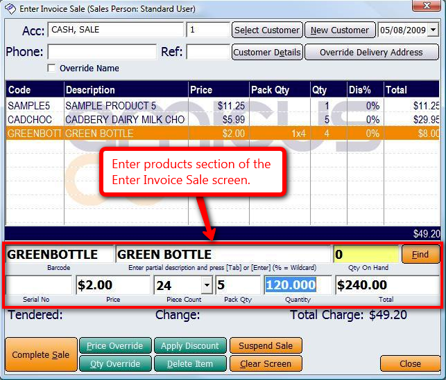 Product Section of Enter Invoice Sale Screen