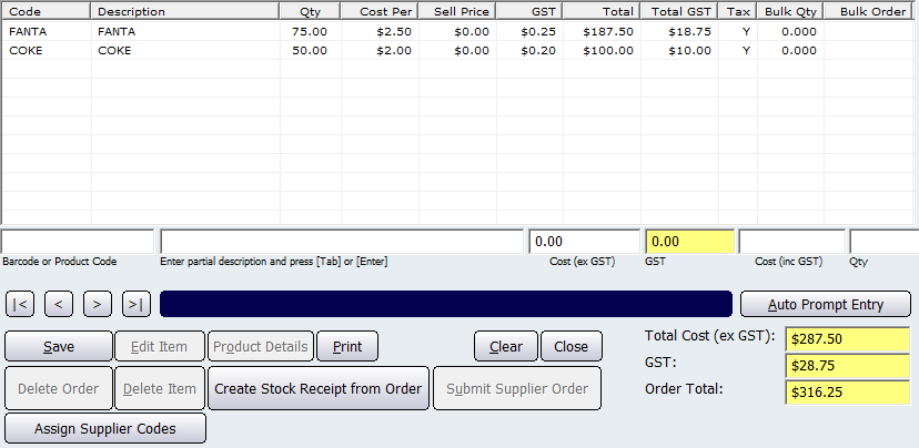 Product Section of Supplier Order screen