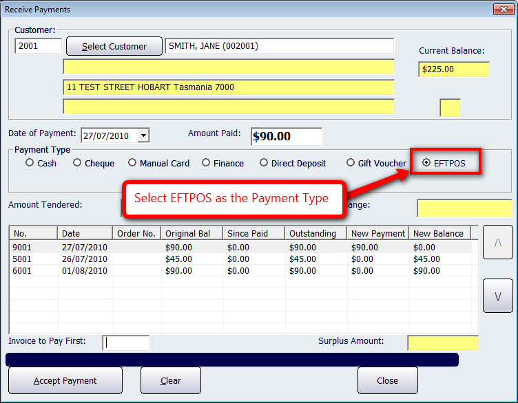 Receive Payments EFTPOS Payment Type