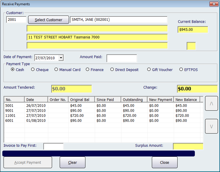 Receive Payments Screen