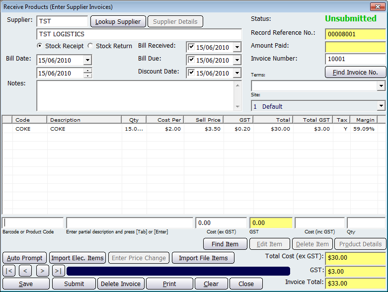 Receive Products Screen