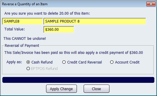 Reverse a Quantity of an Item Screen