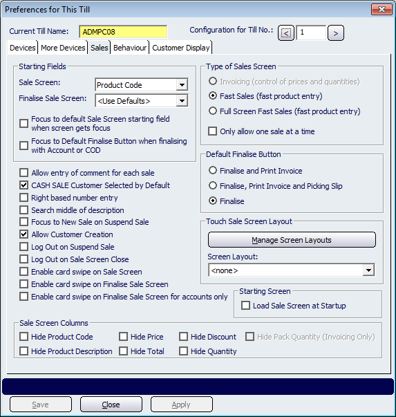Preferences for This Till - Sales Tab
