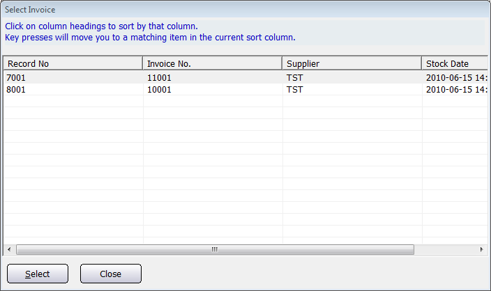 Select Invoice Screen