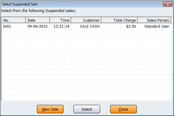 Select Suspended Sale screen