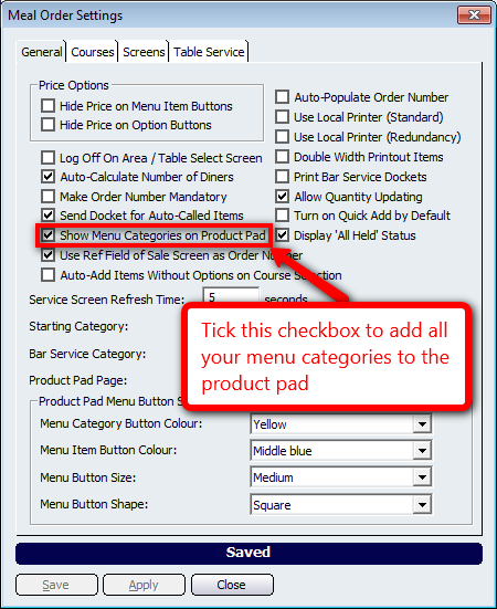 Meal Order Setting to show Categories on the Product Pad