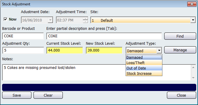 Stock Adjustment screen