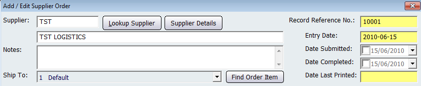 Supplier Section of Add/Edit Supplier Order screen