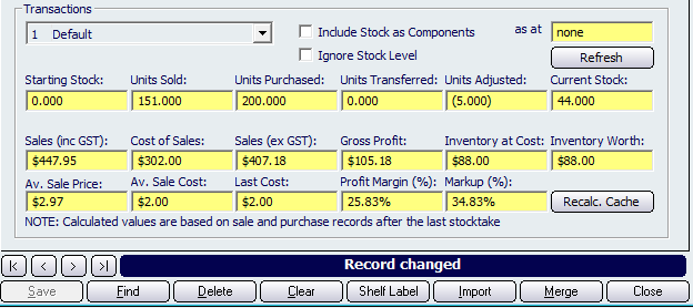 Transactions Section of Stock Tab