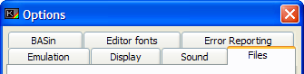Options window, 'Files' tab.