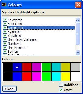 The syntax highlighting options window