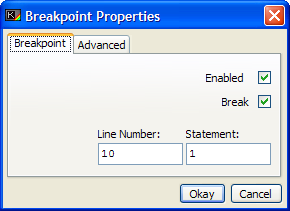 Breakpoint properties window
