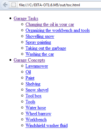 The garage sample files transformed to XHTML and viewed in a Web browser