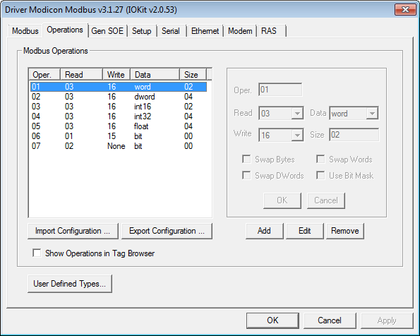 Operations tab of Driver's configuration window