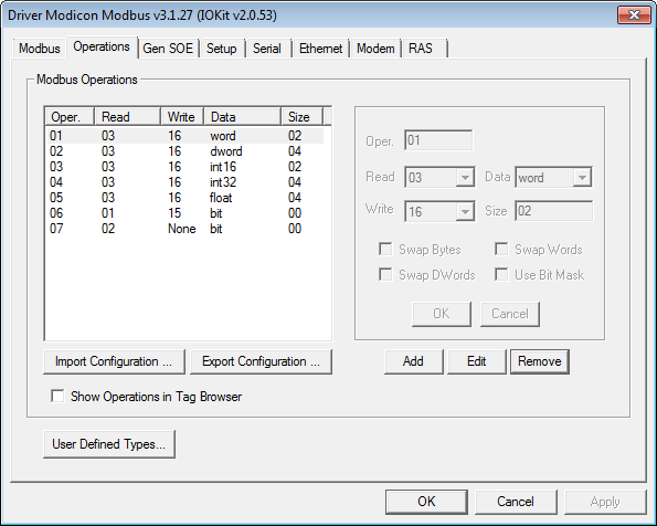 Operations tab on Driver's configuration window