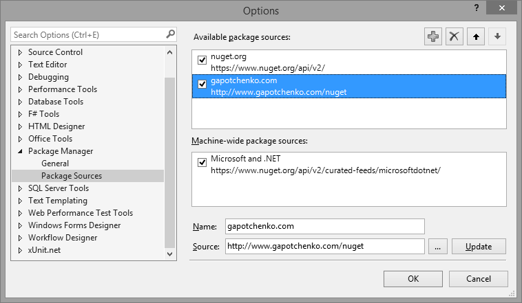NuGet package manager settings window
