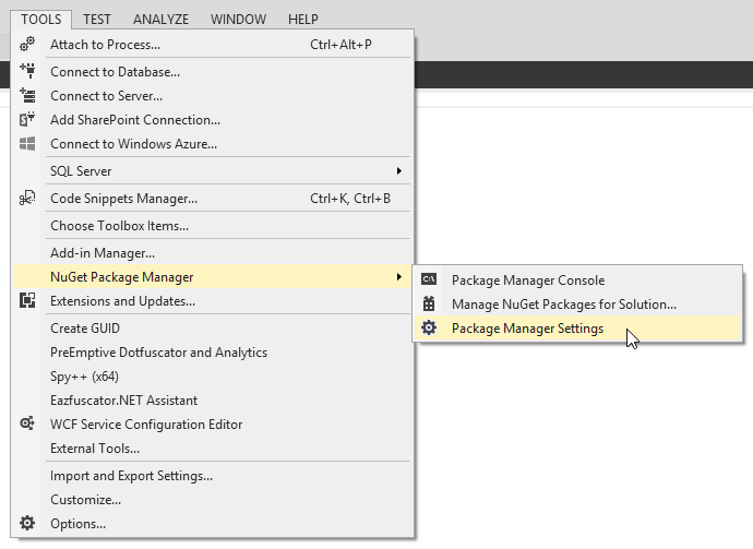 NuGet package manager settings menu item