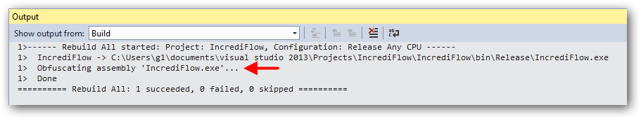 Visual Studio Output Window right after Eazfuscator.NET has obfuscated the project output assembly