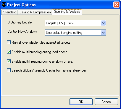 Spelling & Analysis tab of Project Options dialog