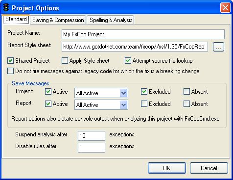Standard tab of Project Options dialog box