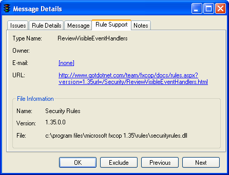 Support tab of the Rule Details dialog box