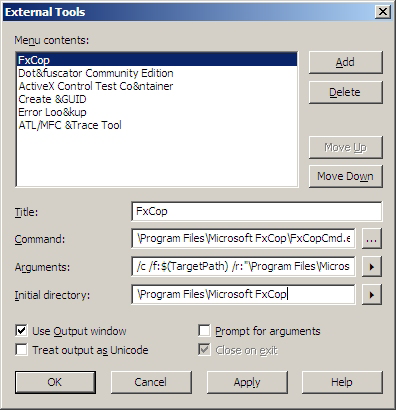 FxCop Cmd Visual Studio External Tool